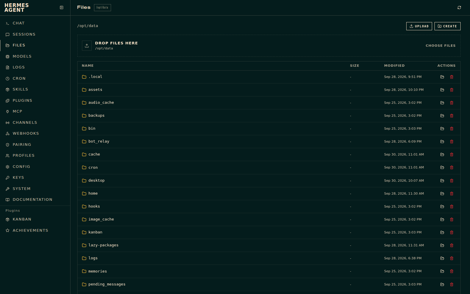 The same co-worker's files view: a web file manager for the agent's workspace showing its folder tree, upload and create buttons, and per-file actions.