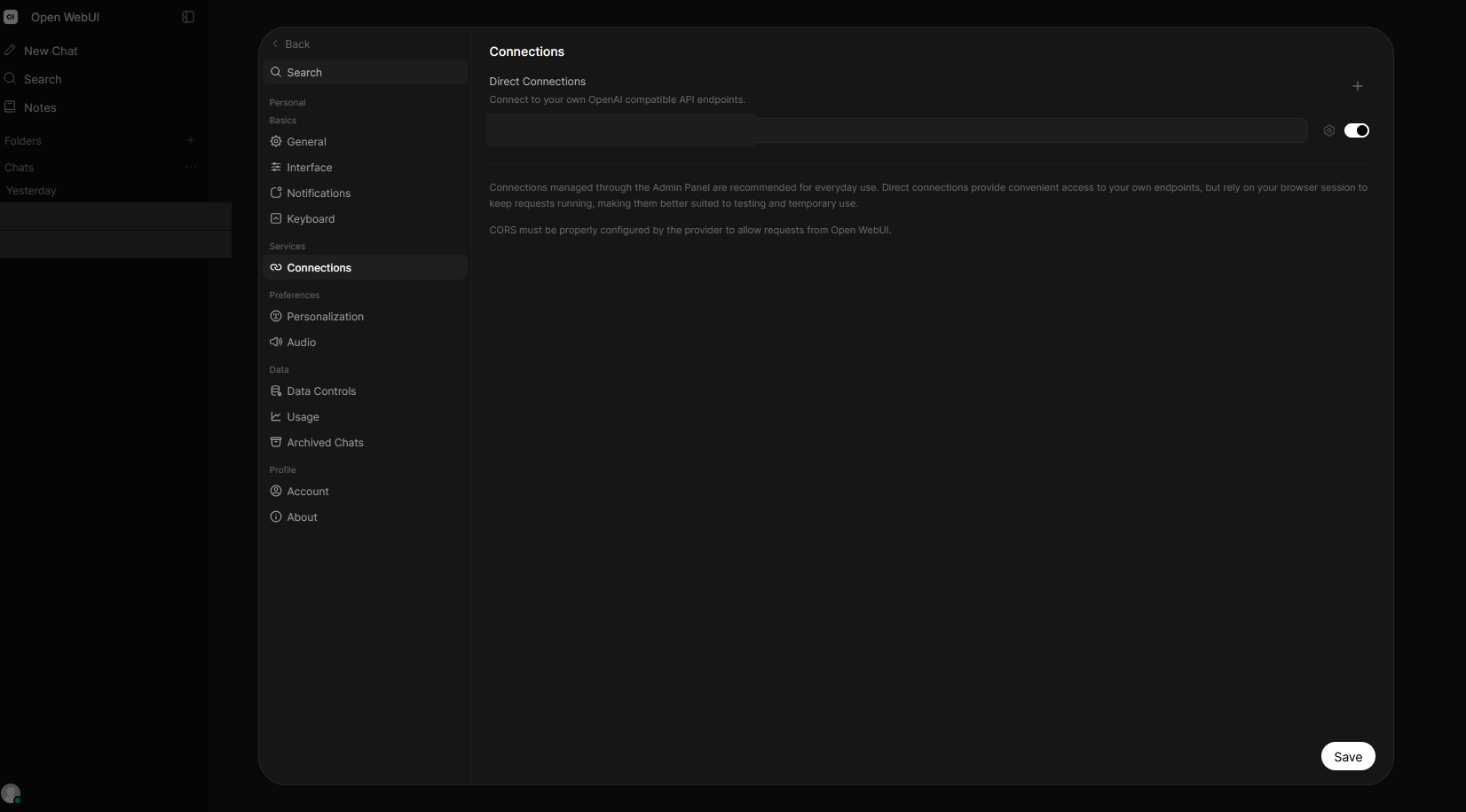 The same co-worker's Open WebUI settings on the Connections page: one Direct Connection configured to an OpenAI-compatible endpoint URL with a gear options button and an enabled toggle in a private browser profile.